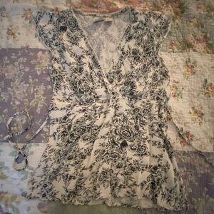 Copper Key Black and White Floral Wrap Blouse